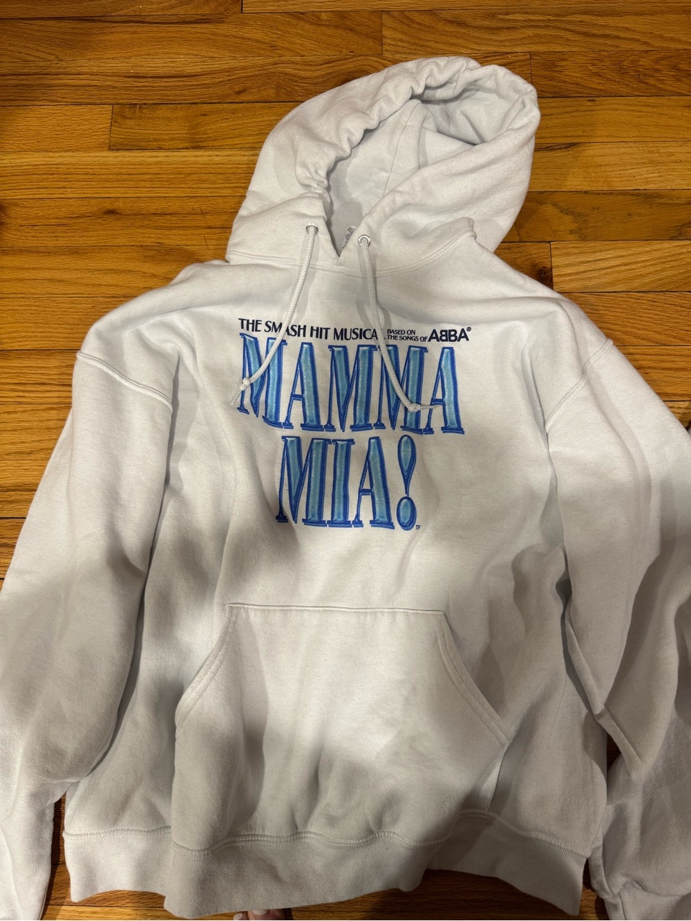 MAMMA MIA! White Graphic Pullover Hoodie with Blue Logo
